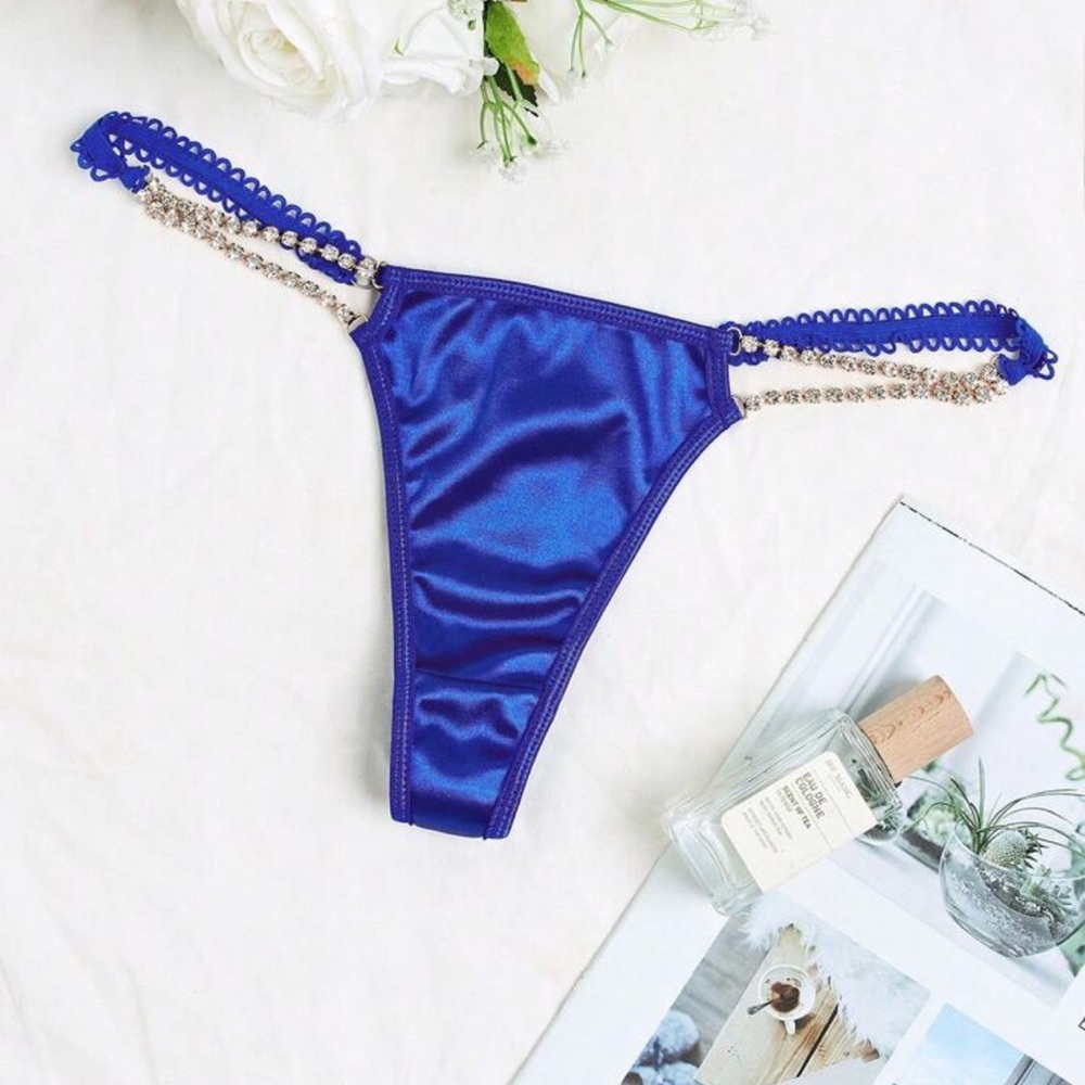 NWT Satin Blue Thong with Double Rhinestone Chain Linked Straps